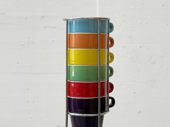 Image 1 of Vintage espressoset in een metalen standaard van pt, Nederland, jaren 1990.