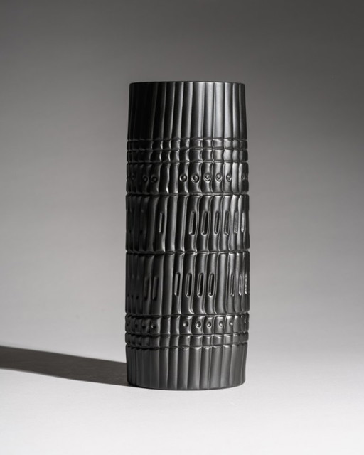 Zeldzame Werner Schreib Bamboo Op-Art Relief Rosenthal Bisque Porcelaine Noire Vaas