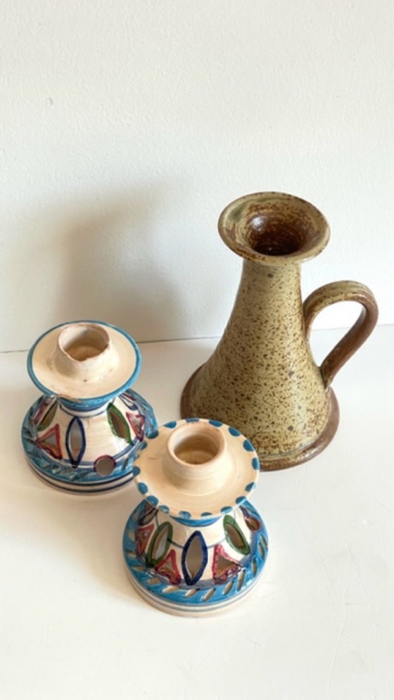 Image 1 of Joli ensemble de 3 BOUGEOIRS en Céramique et Grès Vintage, un trio Artisanale, Chic et Bohème, Poétique et aux matières Naturell