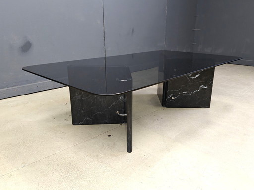 Coffee table in veined black marble and smoked glass top, Italy 1970s