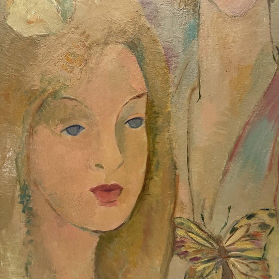 Roland Flory, The Butterflies, 3 Women's Faces, Oil Painting on Panel, 1975 – Paintings & Drawings (photo 5 of 11)