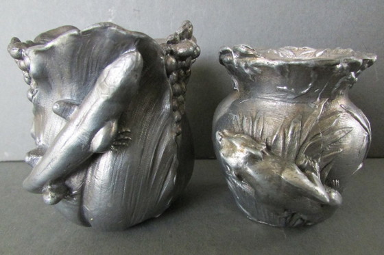 Antique Tin Art Nouveau Vases (Jugendstil), Metal, Brass, Gold (photo 5 of 6)