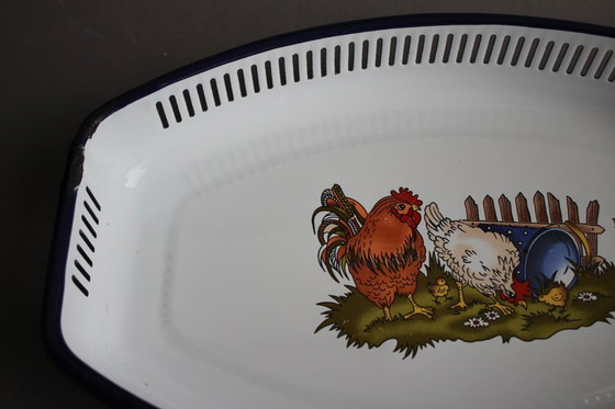 Image 1 of Münder Email Emaille Motiv Hahn und Huhn Brotschale Schale Brotkorb