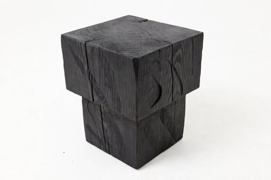 Rustic Sculptural Side Table / Stool, Burnt Black Oak Wood, Carved, Unique, Logniture (photo 5 of 9)