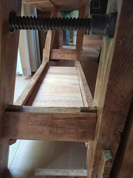 Mooie Gerestaureerde Antieke Werkbank – Consoles, Metal, Wood (photo 4 of 10)