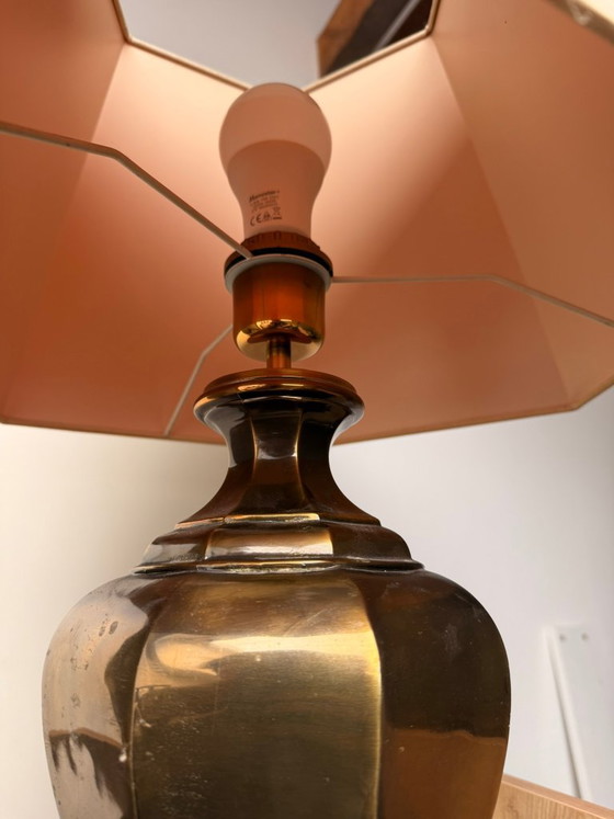 Vintage Maison Le Dauphin Franse Messing Tafellamp – Tafellampen, Textile, Brass (photo 4 of 5)