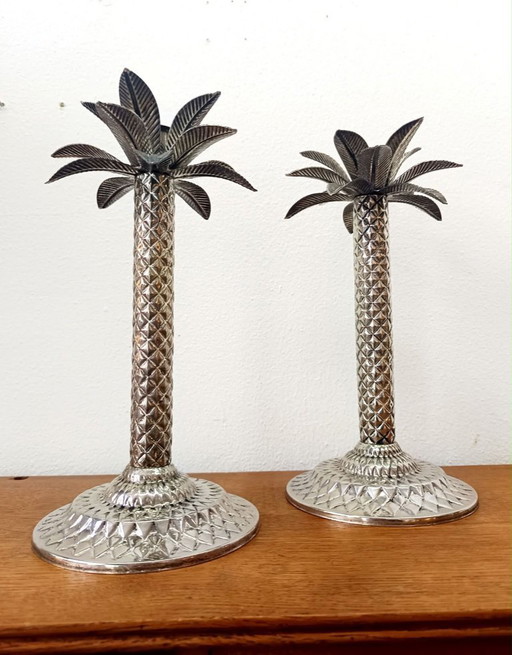 2 portavelas vintage con forma de palmera en metal plateado