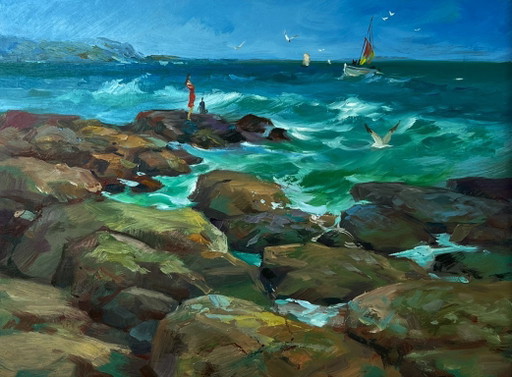 Peinture à l'huile originale : paysage marin, rochers, voilier, vagues côtières