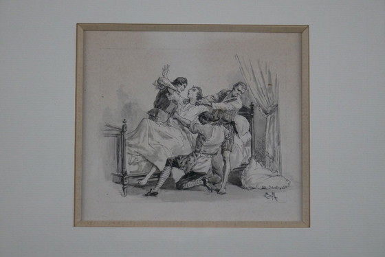 Image 1 of Pain. Black and white engraving, marquetry wood frame