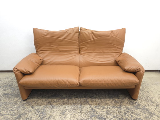 Image 1 of Canapé Cassina Maralunga avec pouf, canapé en cuir, pouf en cuir, cognac