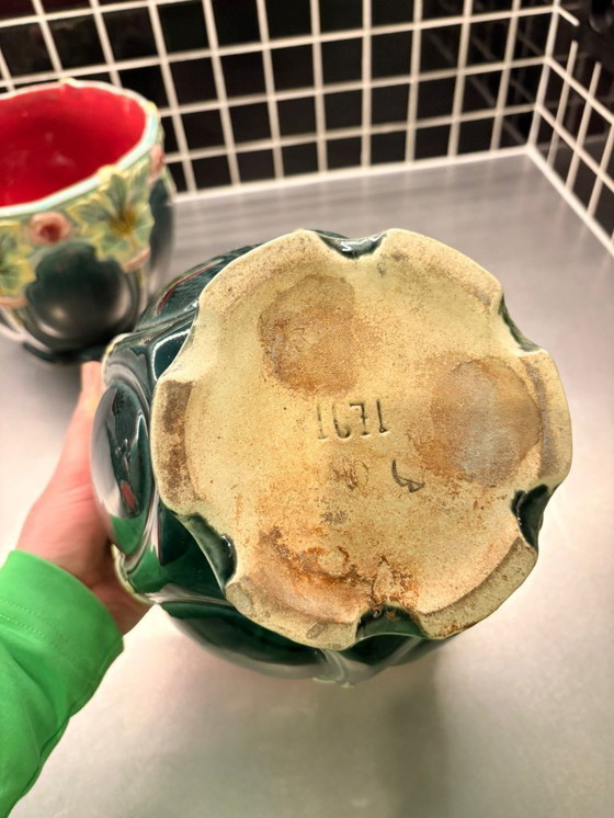 Image 1 of Coppia di cachepot in maiolica stile liberty, epoca 1900 circa