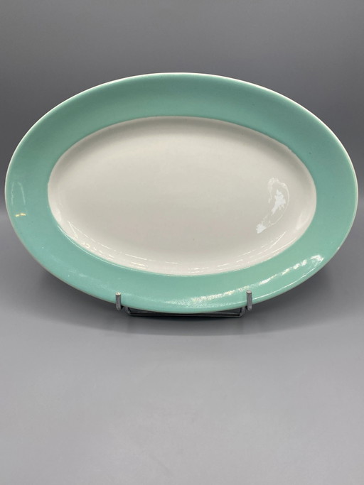 Gran fuente ovalada de loza antigua, verde celadón y blanco, Art Déco 1920s-1940s