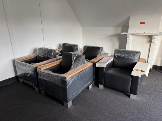 Image 1 of Set of 5 Alter Modus Vivendi armchairs in black leather, zebrano wood, and stainless steel legs