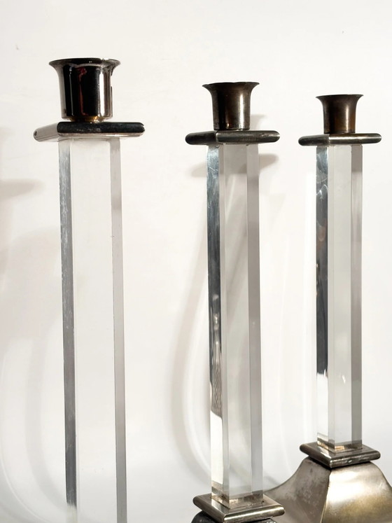 Set of 3 1970s Plexiglass and Silver-Plated Metal Candle Holders – Decorative Objects (photo 8 of 12)