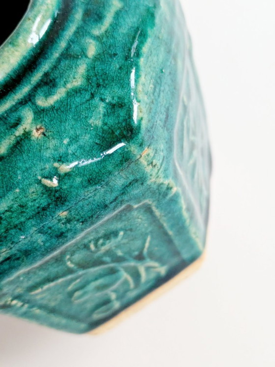 Image 1 of Pot à gingembre Shiwan chinois vintage, récipient hexagonal en faïence émaillée verte, pièce de collection