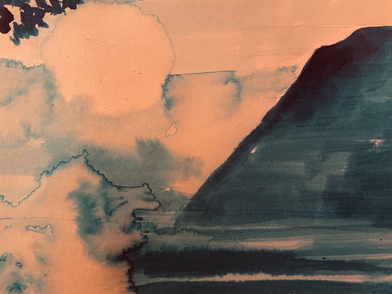 Image 1 of Monochroom blauwe aquarel "zonsondergang boven het meer"