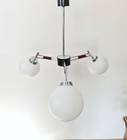 Vintage Chandelier With Opal Glass Globes / Mid Century Modern 3-Arm Pendant Light / Chrome Retro Ceiling Lamp 1960s