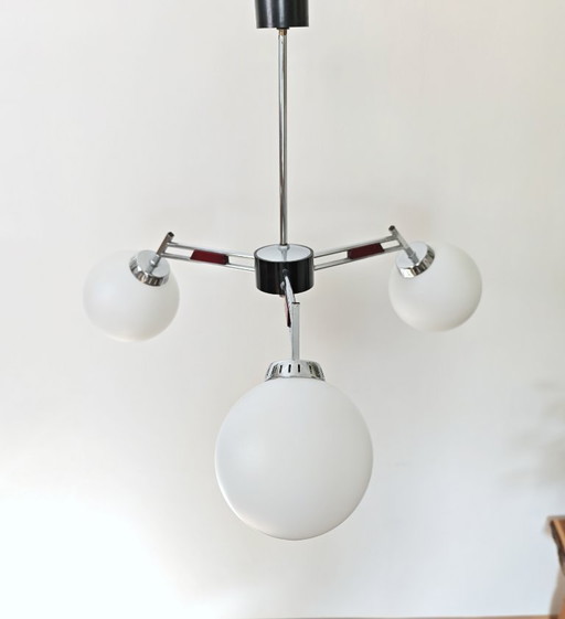 Vintage Chandelier With Opal Glass Globes / Mid Century Modern 3-Arm Pendant Light / Chrome Retro Ceiling Lamp 1960s