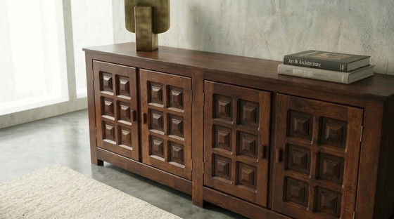 Image 1 of French Solid Oak Brutalist Four-Door Sideboard, 1960s