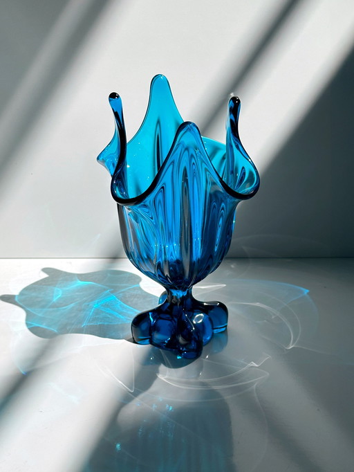 Vintage Vase en verre Viking Glass Epic Four Square Blau Modèle 1475 1960 60s Mid Century Modern
