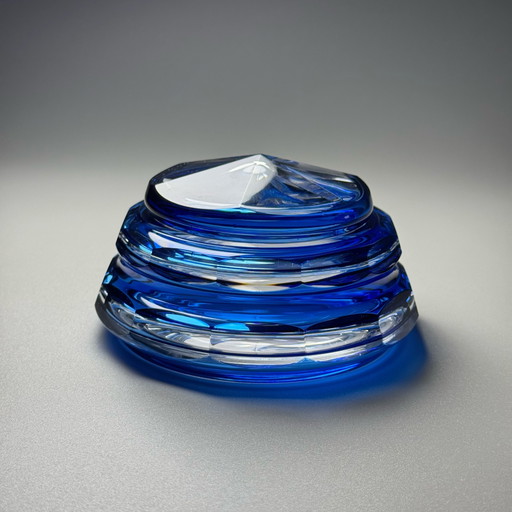 Bombonera de cristal “Eliane” de Val Saint Lambert, Art Déco, años 30, cristal superpuesto en azul, Charles Graffart