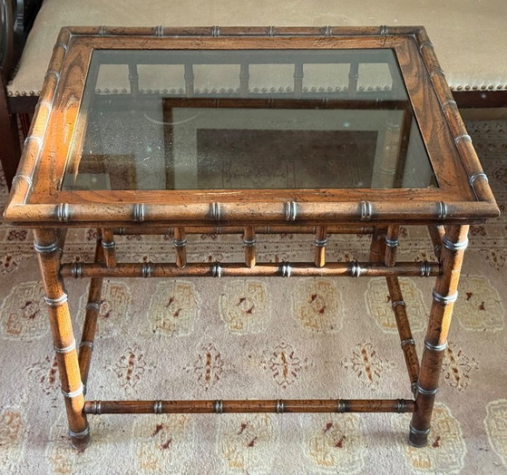 Walnut wood side table with glass top in colonial style, Brown, Vintage (photo 2 of 6)