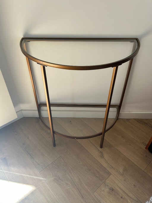 Halfronde dranktafel / sidetable met glazen blad en metalen frame in bronskleur – bijzettafels, Glass
