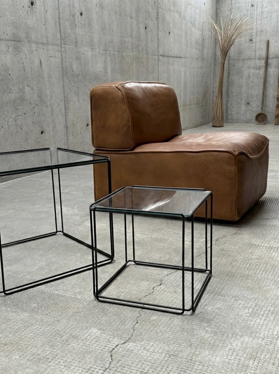 Image 1 of MAX SAUZE “ISOCELE” TAVOLINI SET DI 2 METALLO VETRO NERO FRANCIA ANNI '70