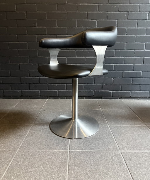 Set of 4 Vintage Space Age Swivel Chairs in Black and Brushed Stainless Steel