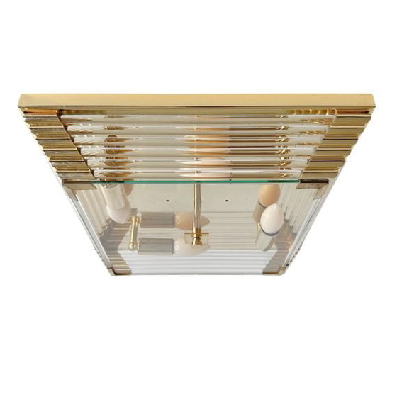 Image 1 of Lámpara de araña cuadrada de mediados de siglo, de cristal y latón, estilo Hollywood Regency, década de 1970