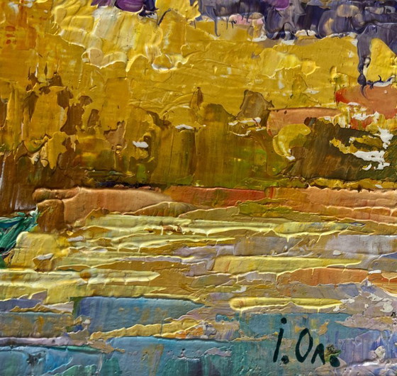 Image 1 of Original Oil Painting Autumn River Landscape On the autumn lake