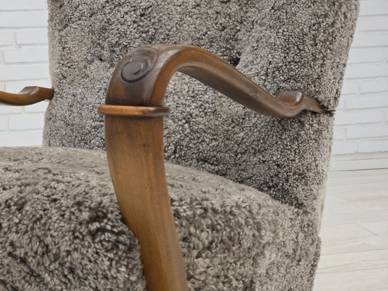 Image 1 of 1960s Reupholstered Danish Armchair in New Zealand Genuine Sheepskin
