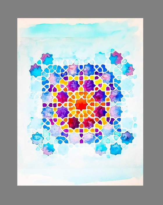 Image 1 of Acuarela original azulejo mozárabe. Cuadro azulejo árabe. Pintura geométrica. Acuarela con motivo geométrico.  Nueva.