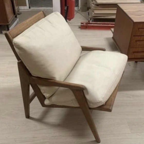 Image 1 of Fauteuil scandinave vintage en bois massif et cuir 