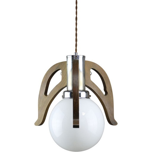 Lámpara colgante vintage en cromo y cristal opalino, 1960