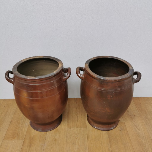 Set Large Earthenware Antique Cologne Pots, Planters, Flower Pots - Set Price