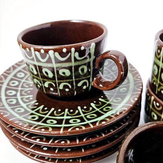 Image 1 of Mid-century set of 4 coffee cups with saucers | Amazing vintage hungarian espresso pottery | Unique hand-painted ceramic