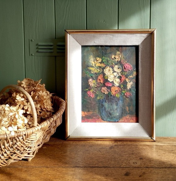 Image 1 of Mazzo di fiori - Olio su tela con cornice.