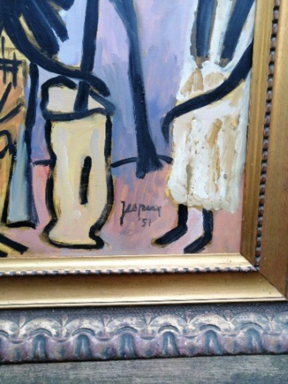 Image 1 of Jespers "" African scene "" olieverf op paneel 54 x 48 met lijst 80 x 74 cm Gesigneerd r.o Jespers en aan de achterkant Jespers 
