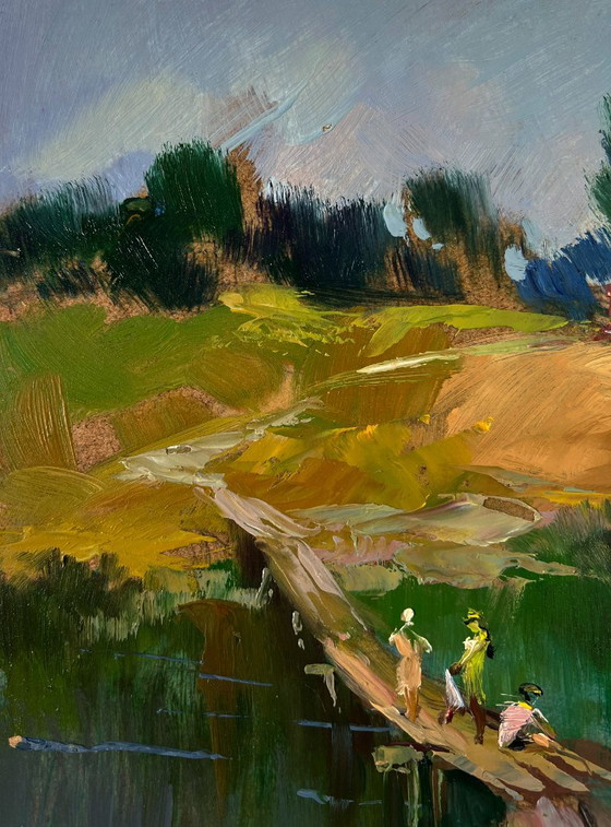 Original Oil Painting Rural Landscape Children Are Walking by the River – Paintings & Drawings, Mdf (photo 5 of 9)