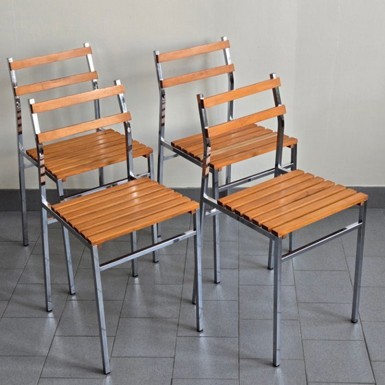 Image 1 of SUITE DE 4 CHAISES VINTAGE 1960 PIN & METAL CHROME 60S DLG CHARLOTTE PERRIAND