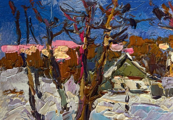 Image 1 of Original Oil Painting Winter Village Landscape Crows in the trees