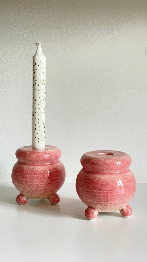Pair of Pink Ceramic Candle Holders
