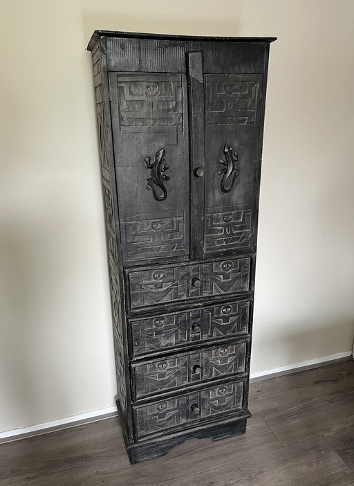 Vintage hand-carved black wooden chest 