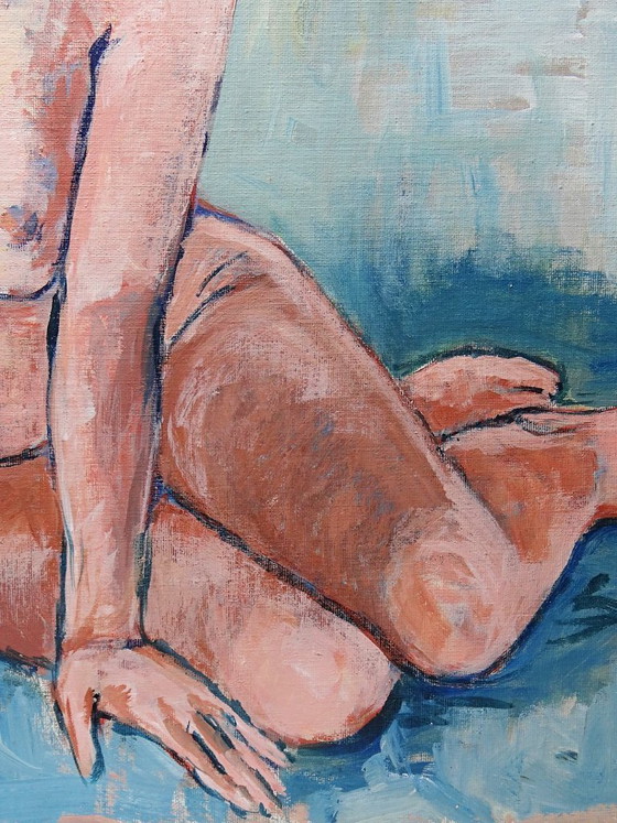 Image 1 of Vintage seated nude portrait painting, modern oil on canvas board