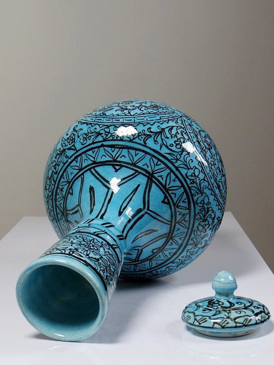 Image 1 of Covered vase or Persian jar, glazed Iznik pottery, turquoise painted, vintage