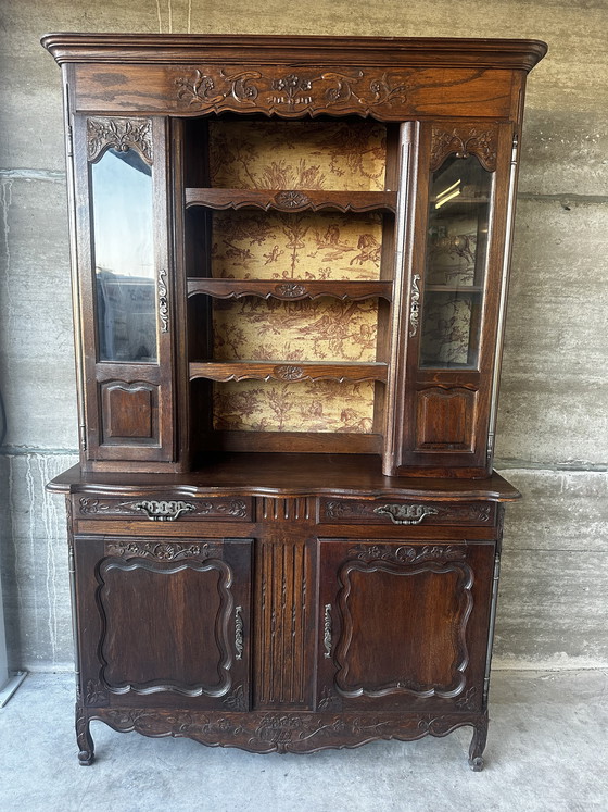 Image 1 of Tweedelig, gebeeldhouwd eikenhouten buffet/dressoir - Lodewijk XV-stijl, 19e eeuw