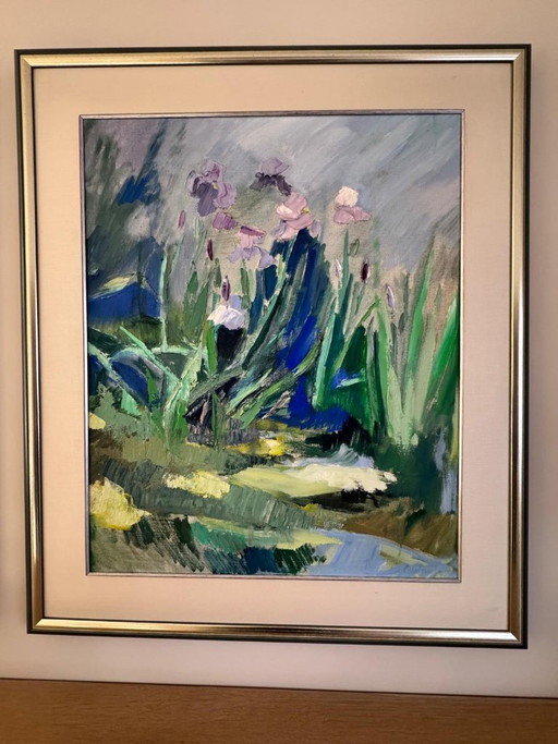 Painting with irises, oil on canvas
