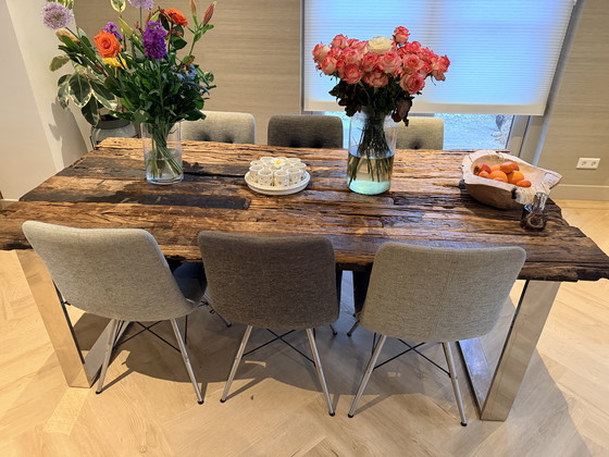 Image 1 of Wooden (ship's wood treated) dining table with stainless steel base