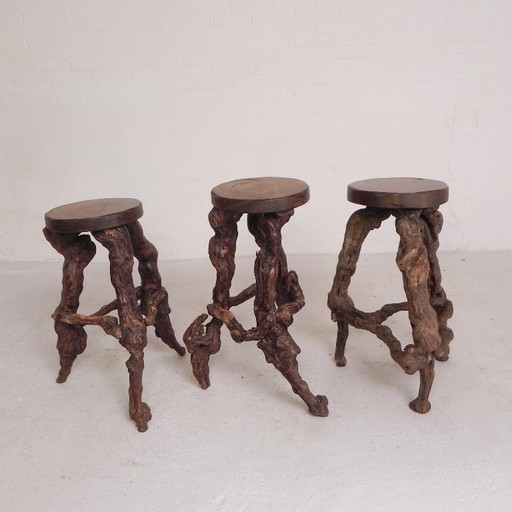 Ensemble de 3 tabourets de bar vintage en fibres végétales, années 1960